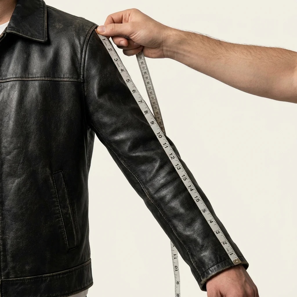 Instruction: Measuring sleeve length for a leather jacket